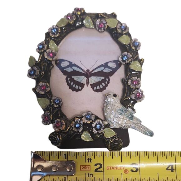 Vintage Enameled & Jeweled Picture Frame, 4"H, Flowers & Blue Bird – Butterfly - Picture 7 of 8